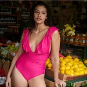 J. Crew Women's 22 Pink Ruched Ruffle One Piece Swimsuit V-Neck resort Vacation